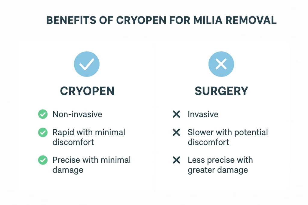 Benefits of cryopen for milia removal West Ham compared to surgical treatments.